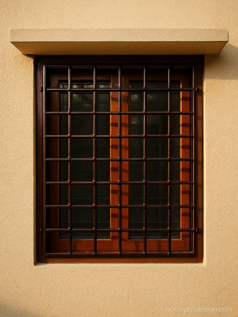 Square window grill design with offset boxes in dark brown on a cream wall