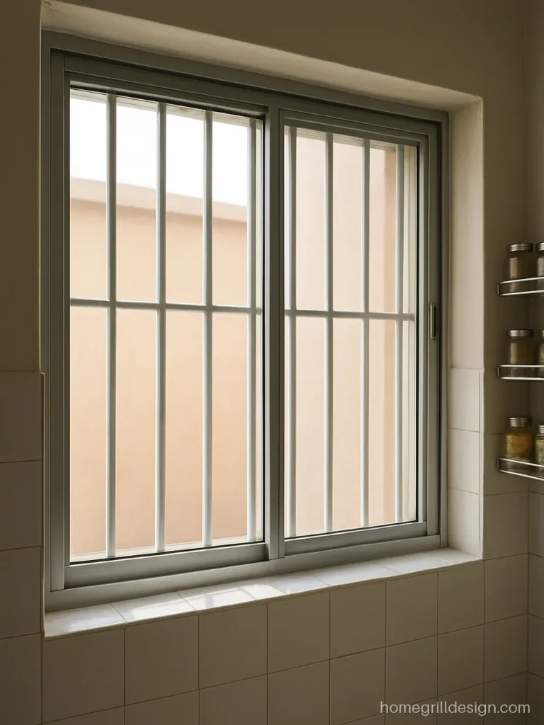 Vertical bar window grill in white enamel over a kitchen window with tiles