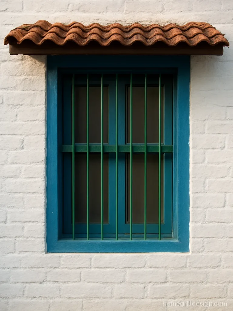 Home window grill design with vertical bars and a middle belt in bottle green