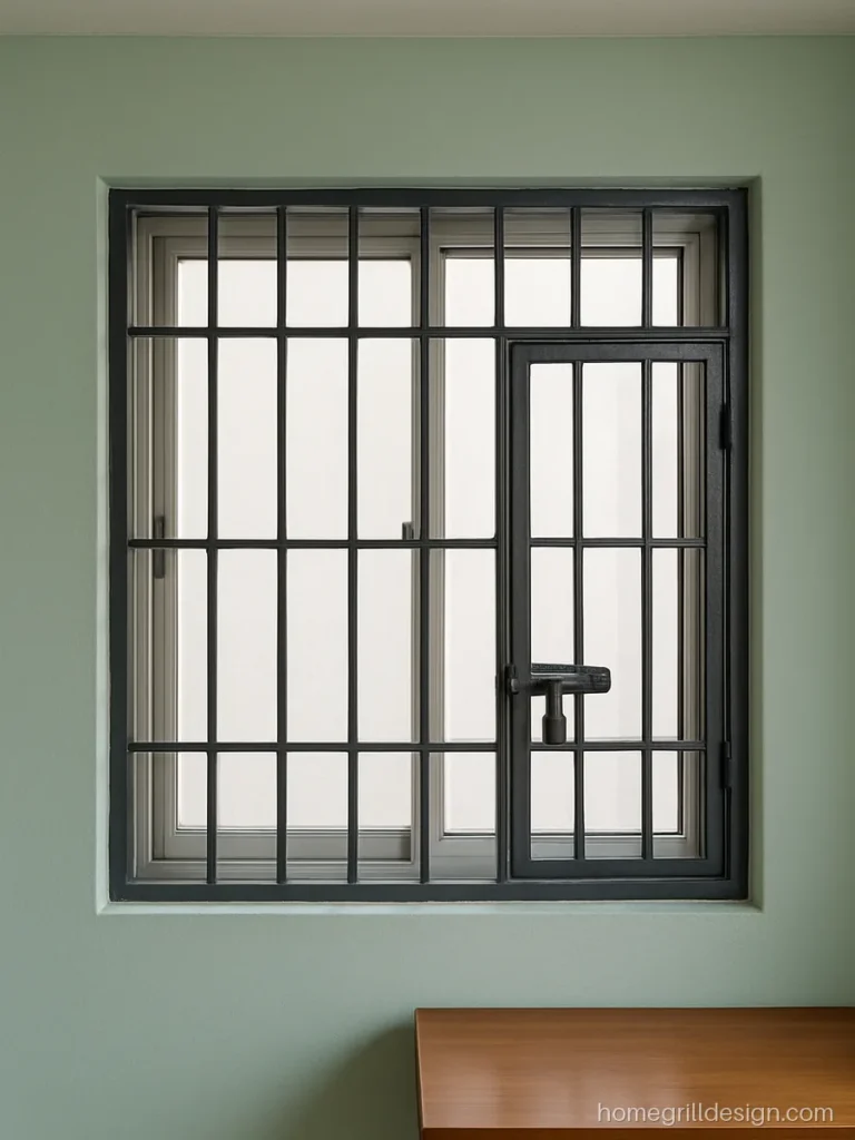 Window safety grill design with an openable hinged panel and lock