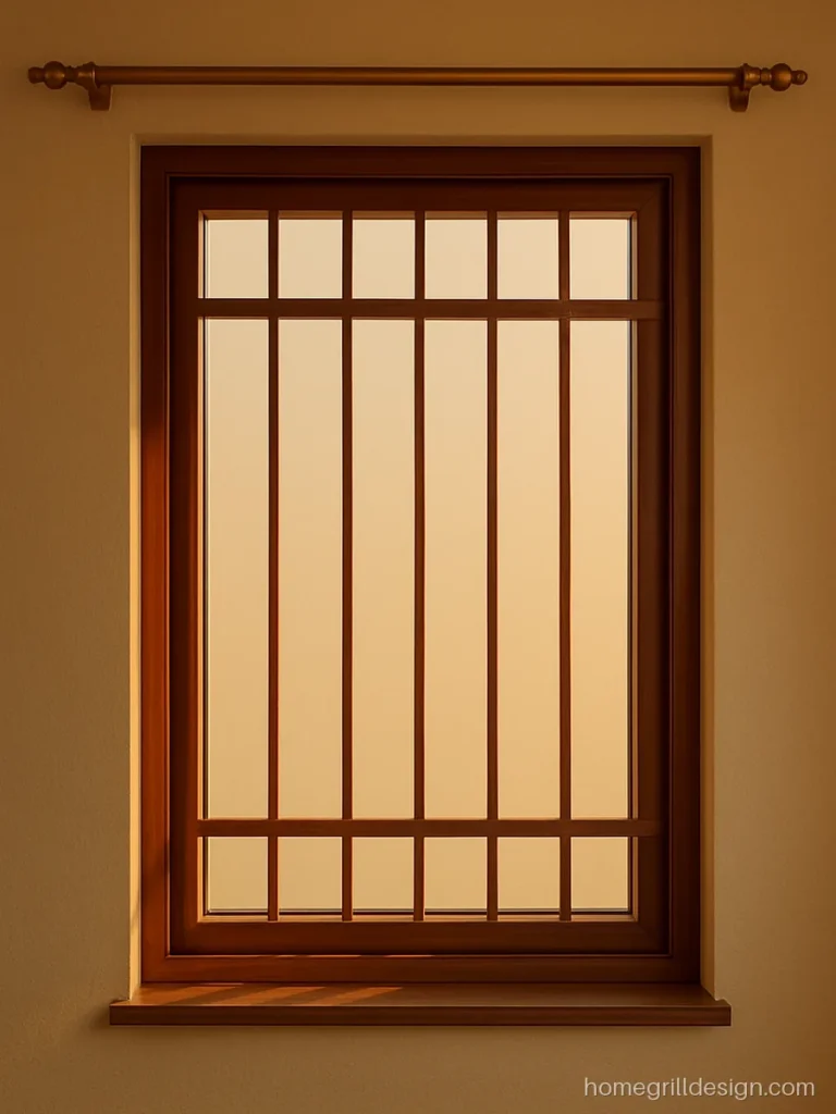 Wood window grill design with teak finish on square MS tubes