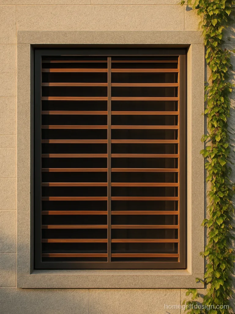 Wood pattern aluminium grill on a large villa window with horizontal slats